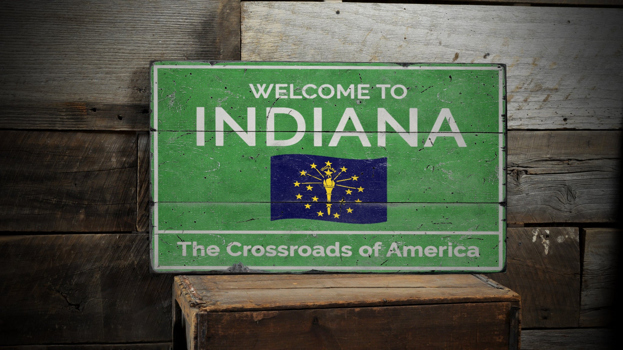 Indiana Welcome Rustic Wood Sign