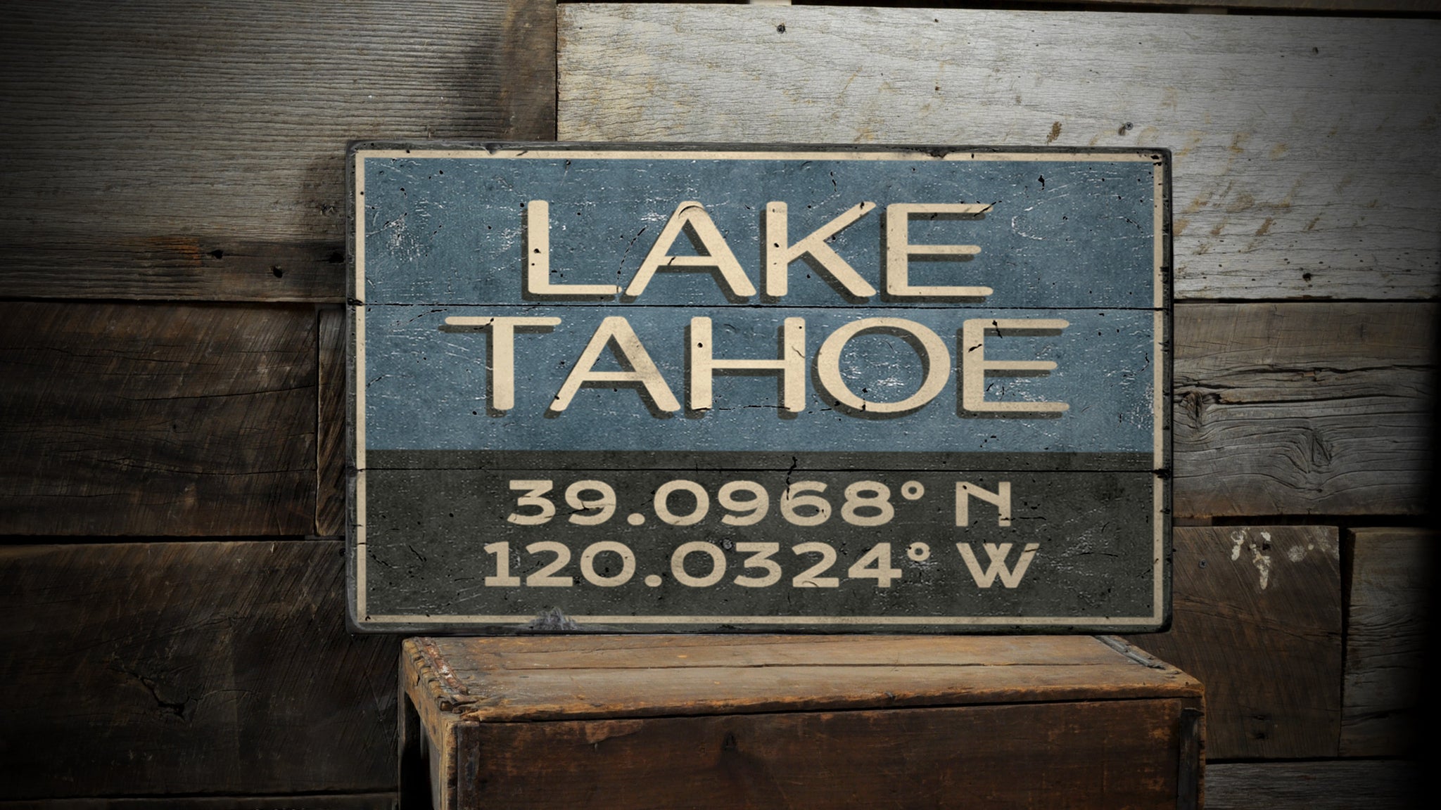 Lake Tahoe Coordinates Rustic Wood Sign