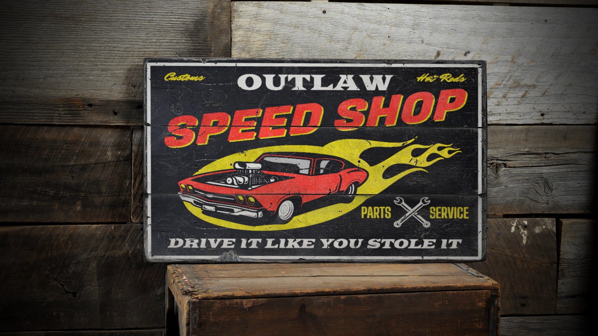 Customs Hot Rods Speed Shop Parts and Service Rustic Wood Sign
