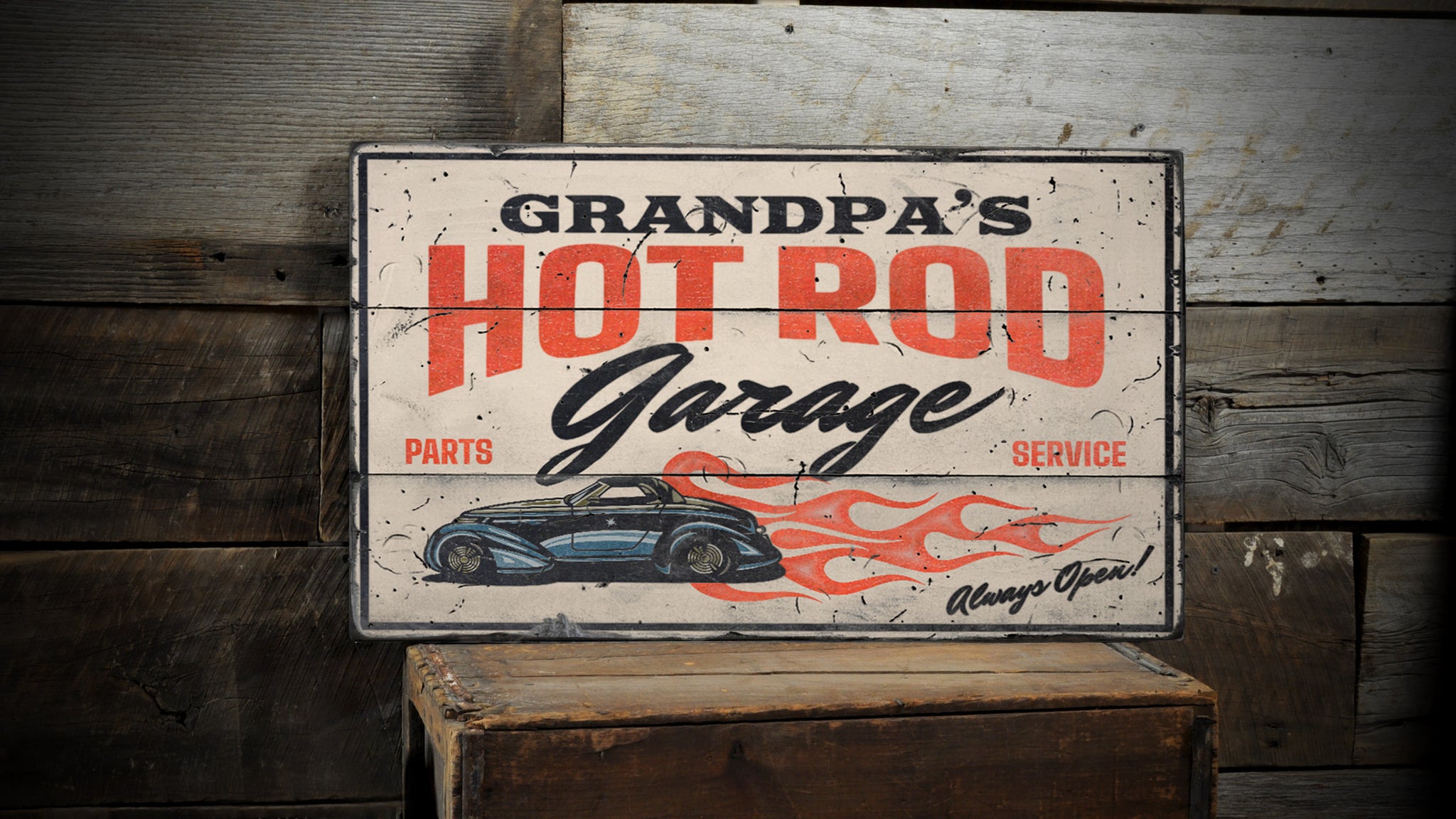 Hot Rod Garage Always Open Parts and Service Rustic Wood Sign