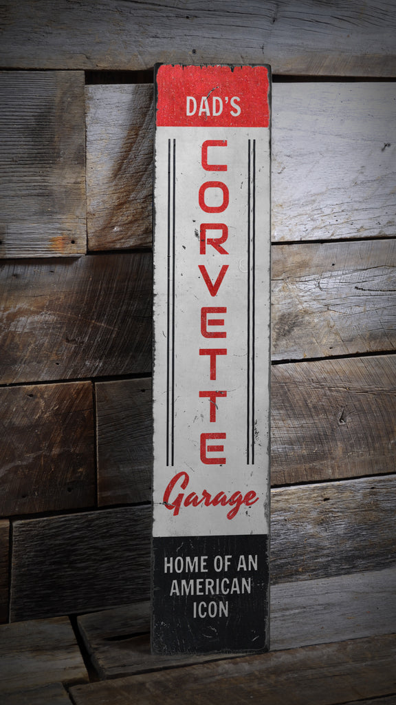 Vertical Dad's Chevy Corvette Garage Wood Sign