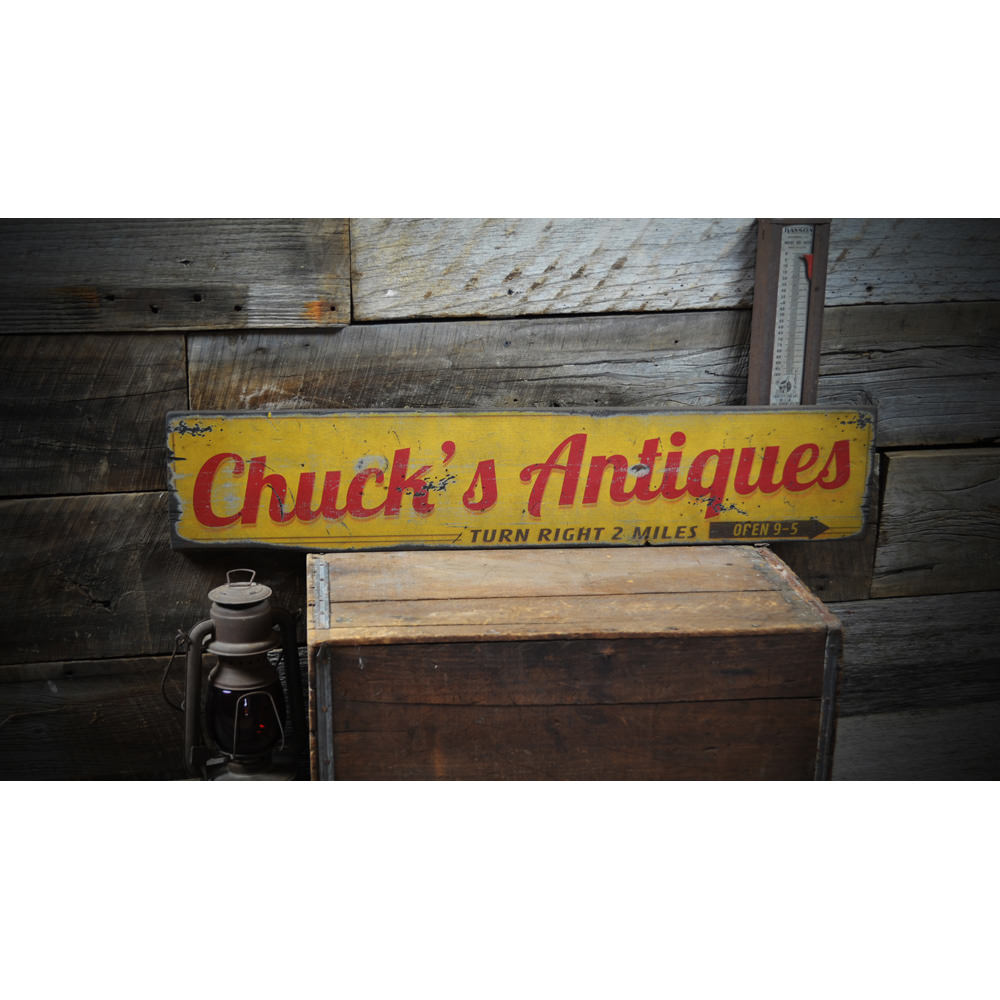 Antiques Arrow/Hours Vintage Wood Sign