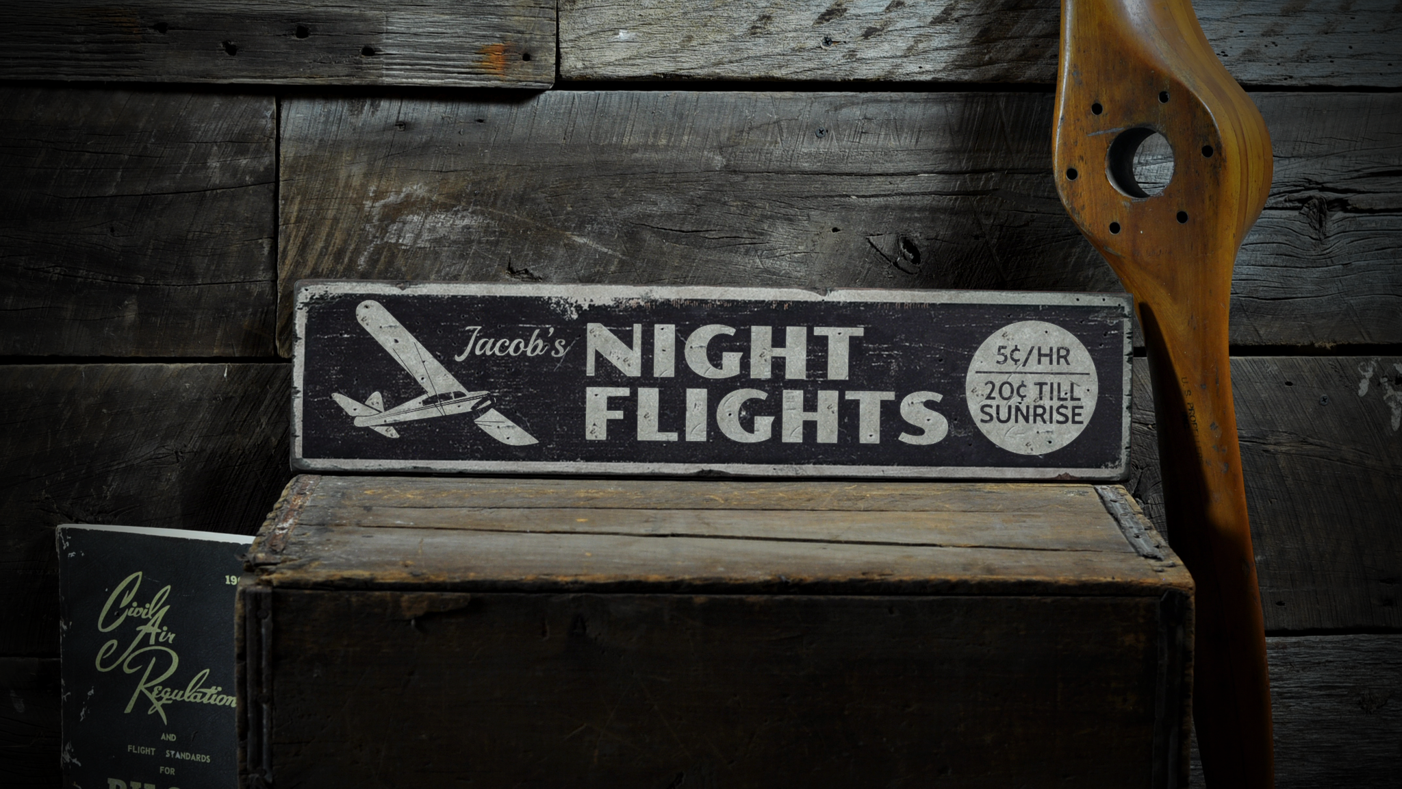 Night Flights Rustic Wood Sign