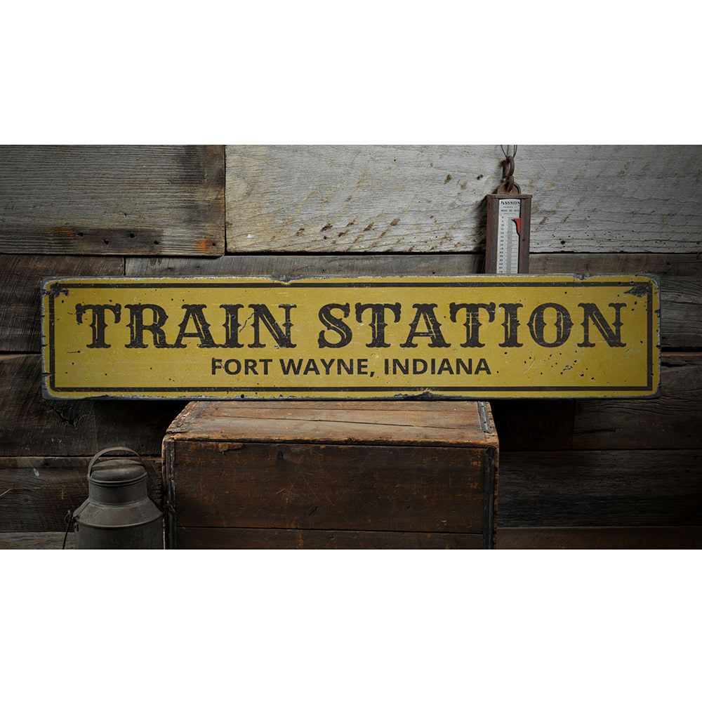 Train Station City State Vintage Wood Sign