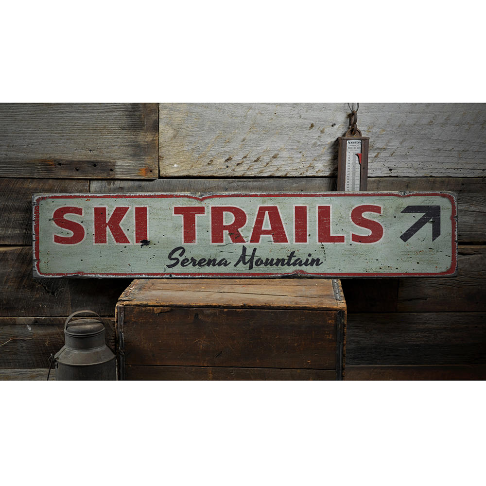 Mountain Ski Trails Arrow Vintage Wood Sign