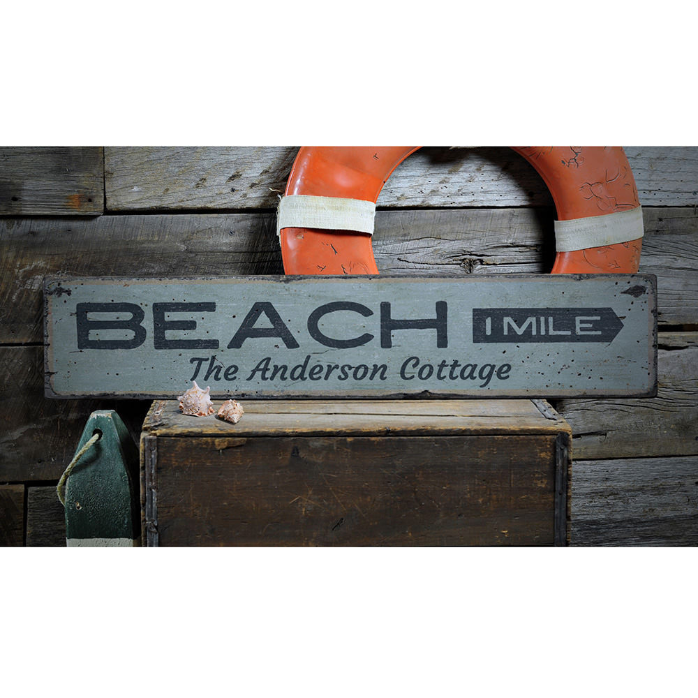 Beach Mileage Arrow Vintage Wood Sign