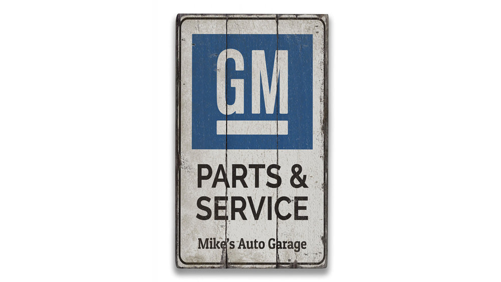 GM Parts and Service Auto Garage Personalized Rustic Wood Sign