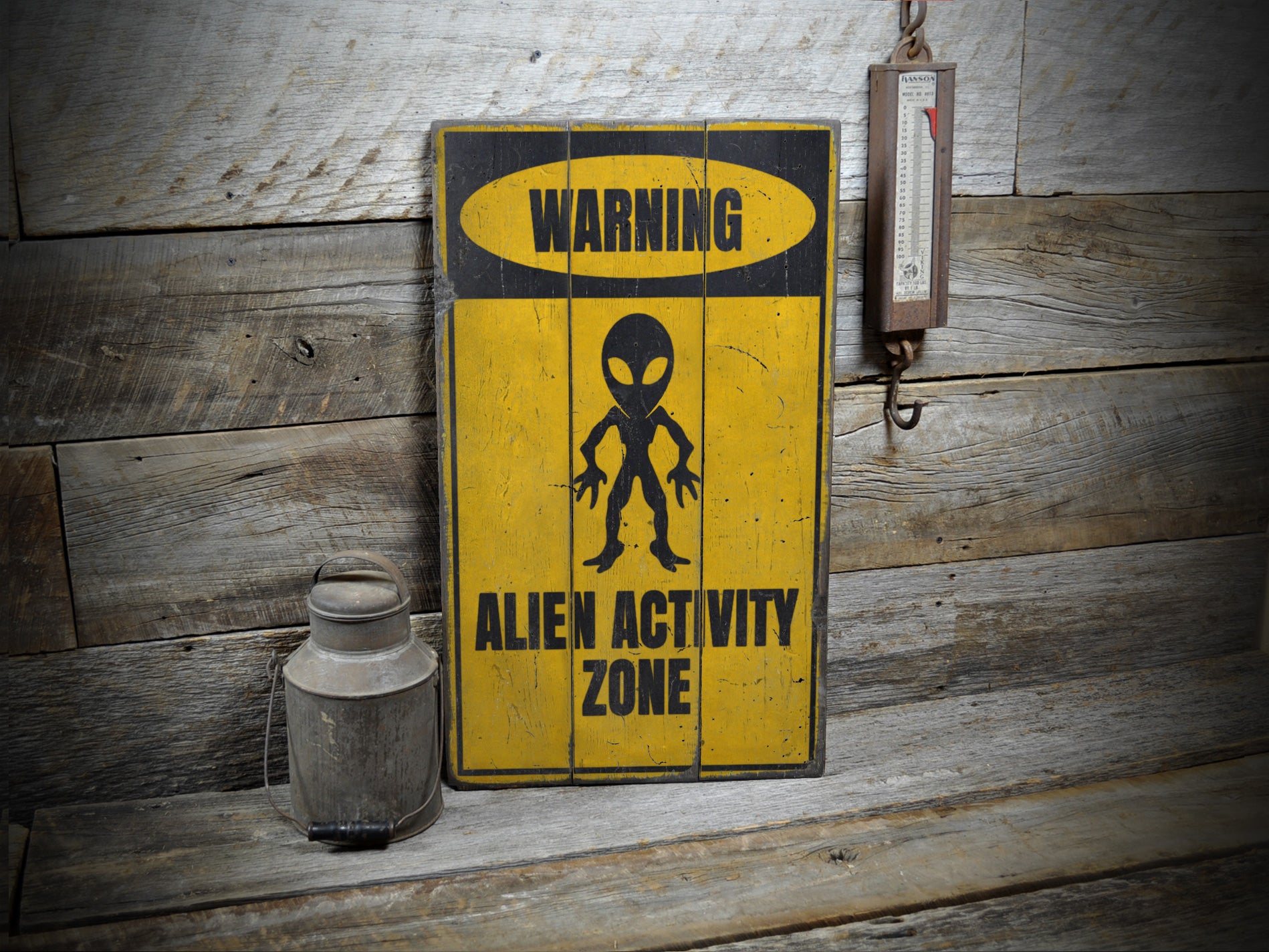 Warning Alien Activity Zone Rustic Wood Sign