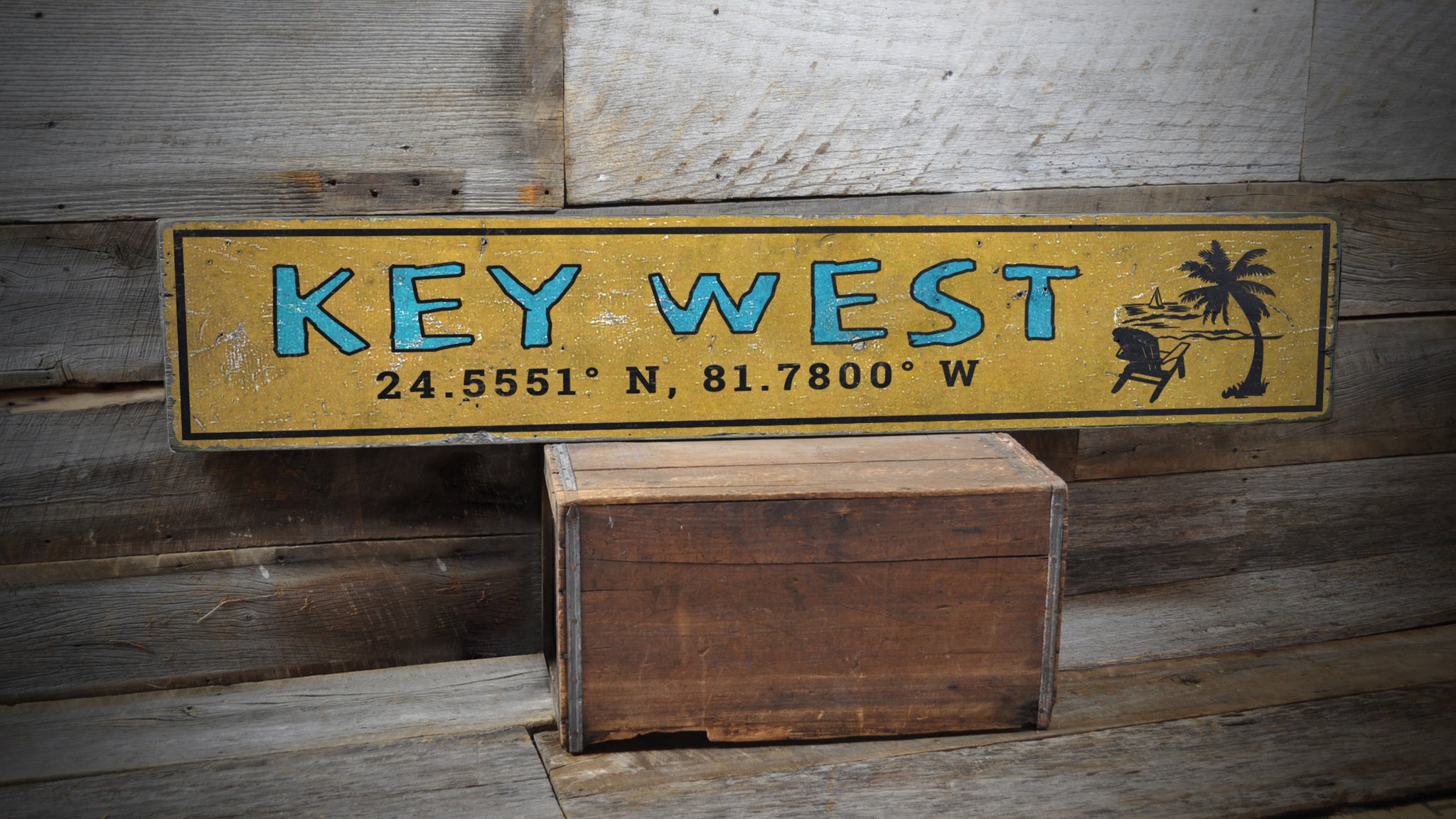 Coordinates Key West Florida Rustic Wood Sign