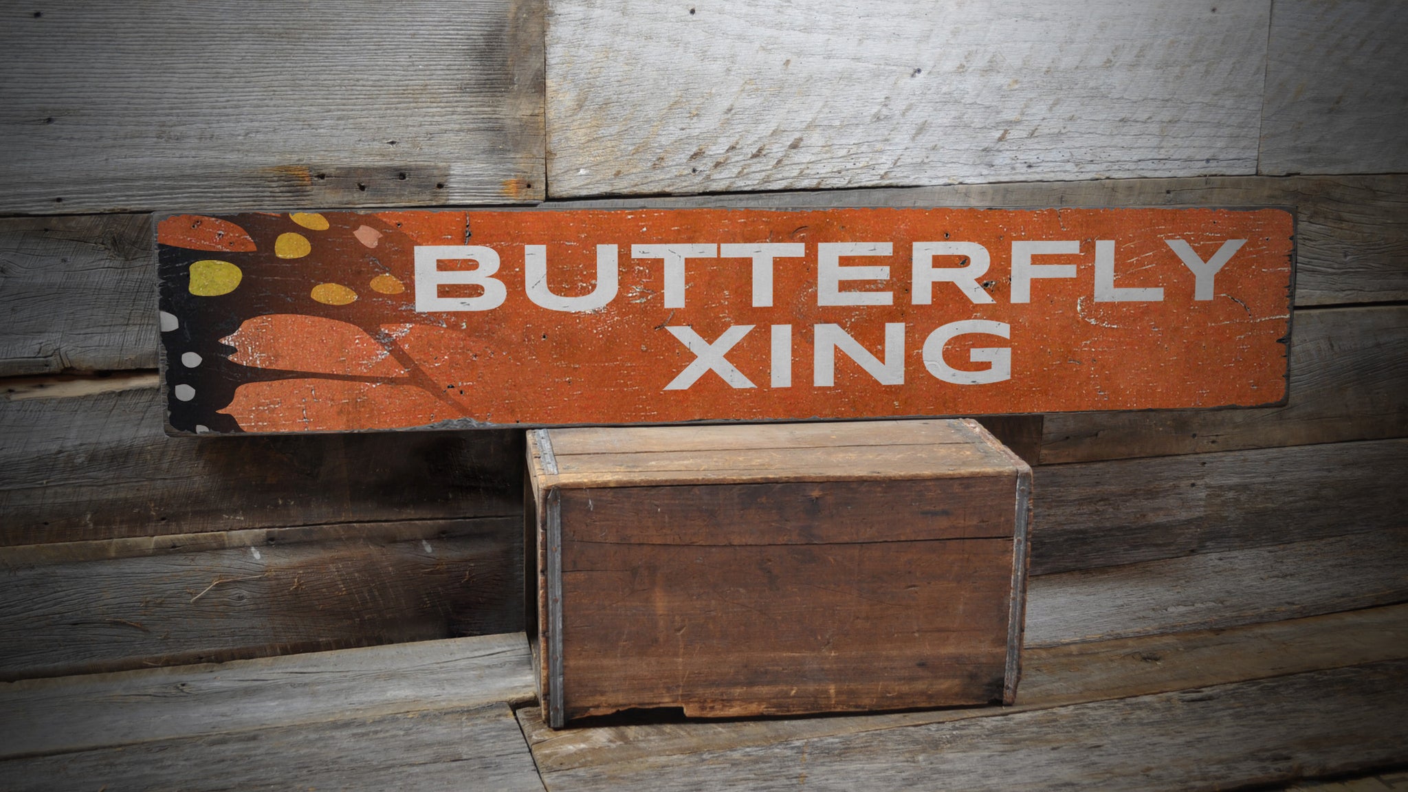 Butterfly Xing Rustic Wood Sign