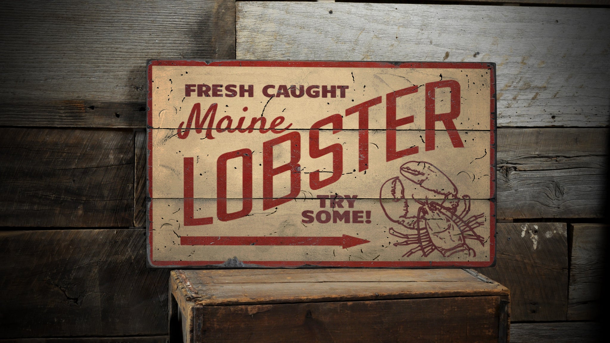 Fresh Caught Maine Lobster Rustic Wood Sign