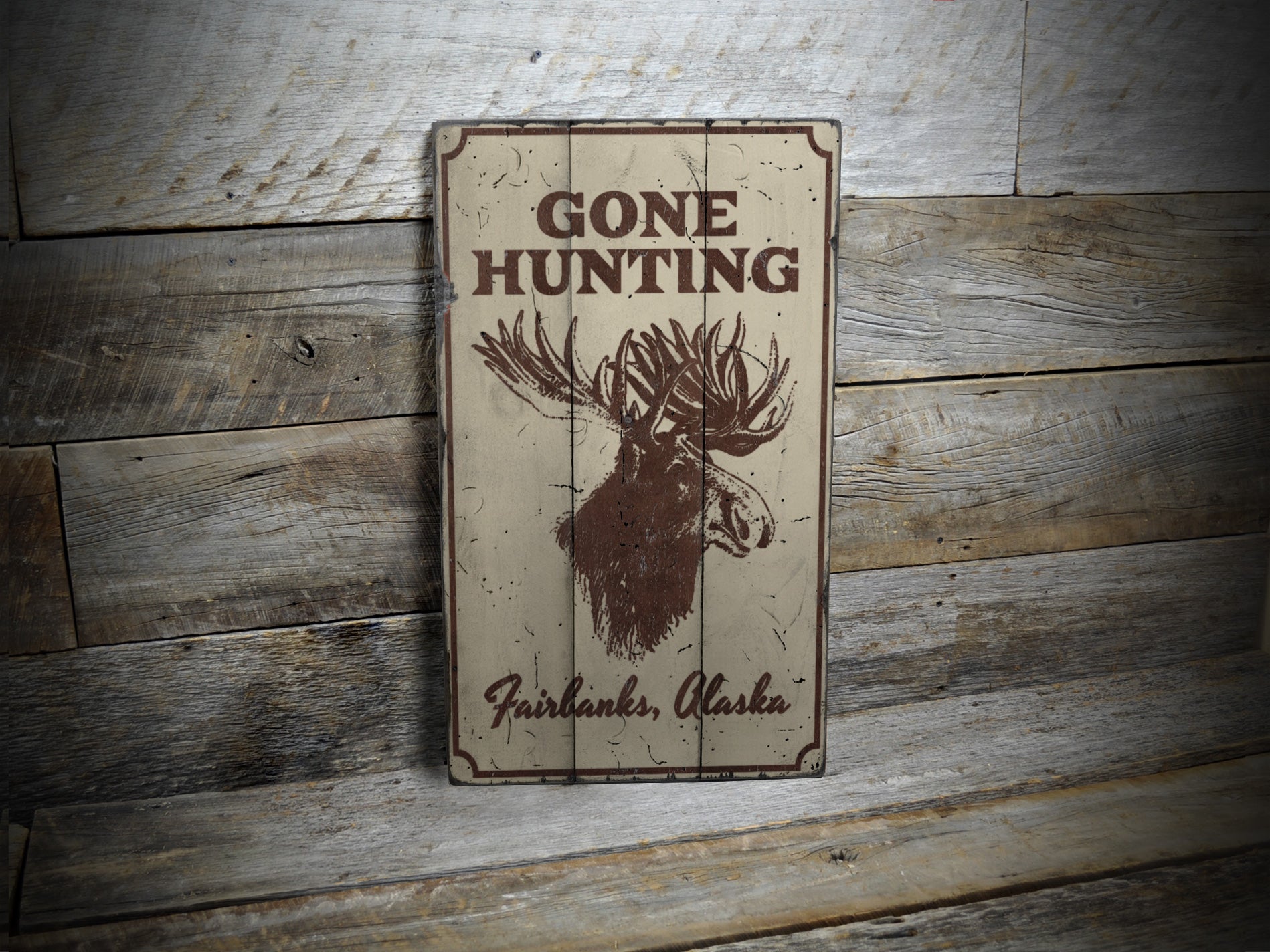 Gone Hunting Alaska Rustic Wood Sign