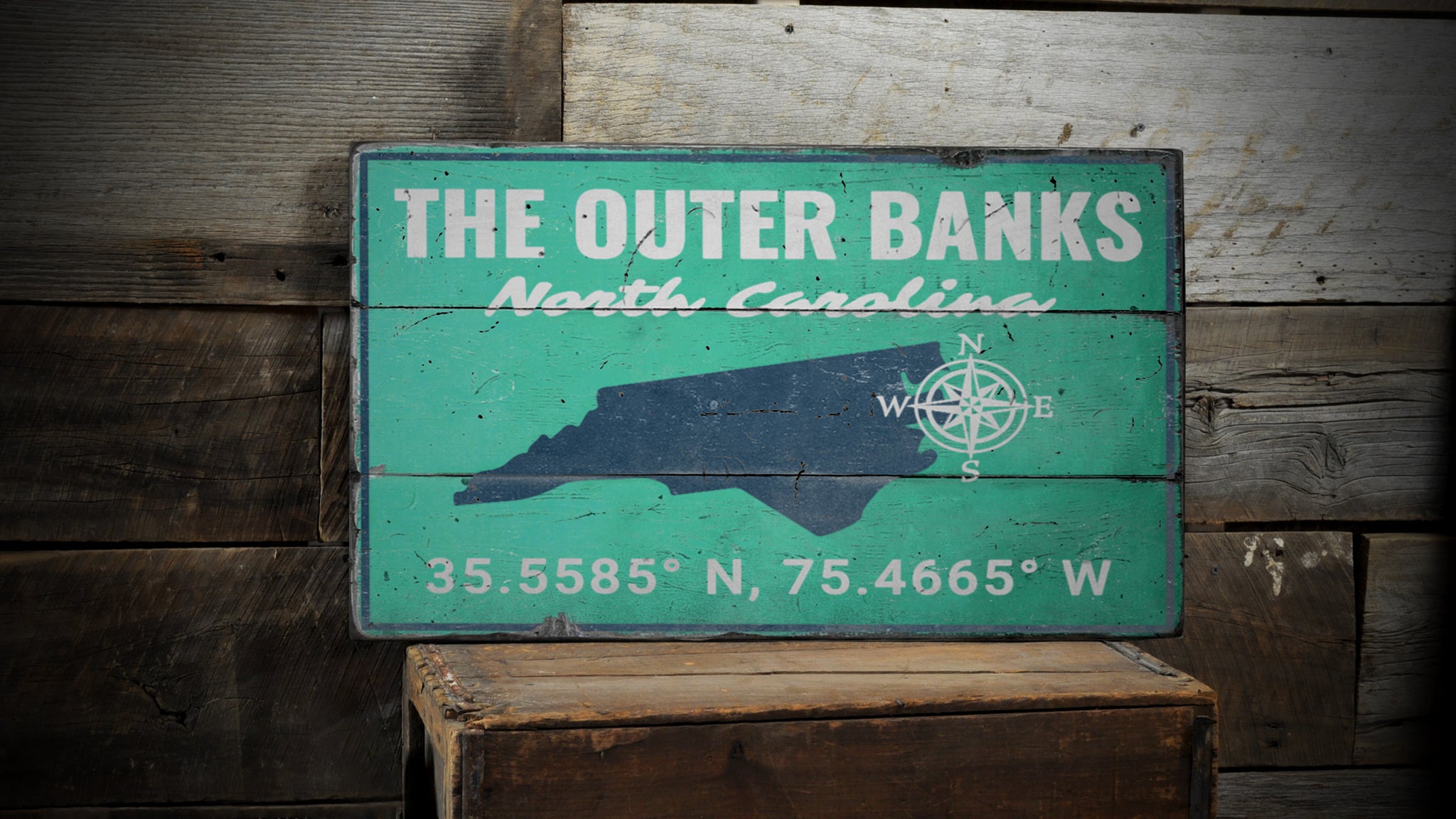 Outer Banks Coordinates Rustic Wood Sign