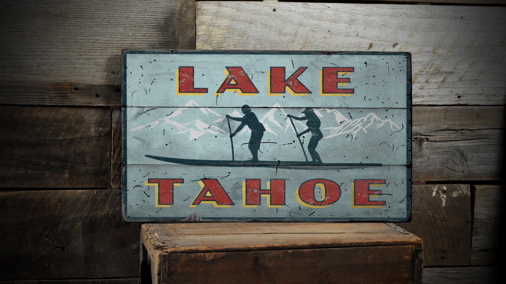Lake Tahoe Paddleboarding Rustic Wood Sign