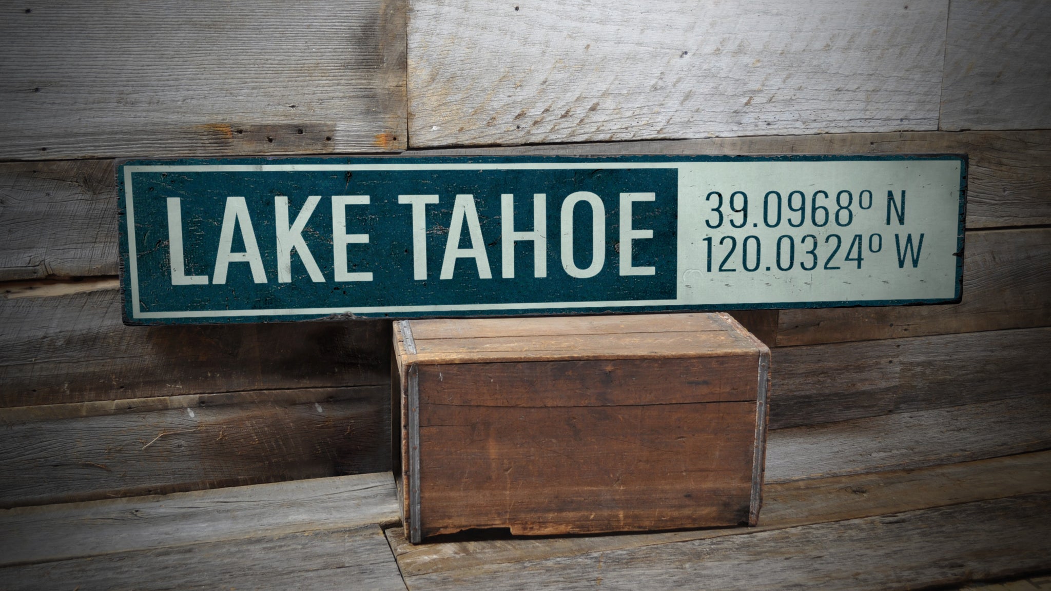 Lake Tahoe Latitude Longitude Rustic Wood Sign