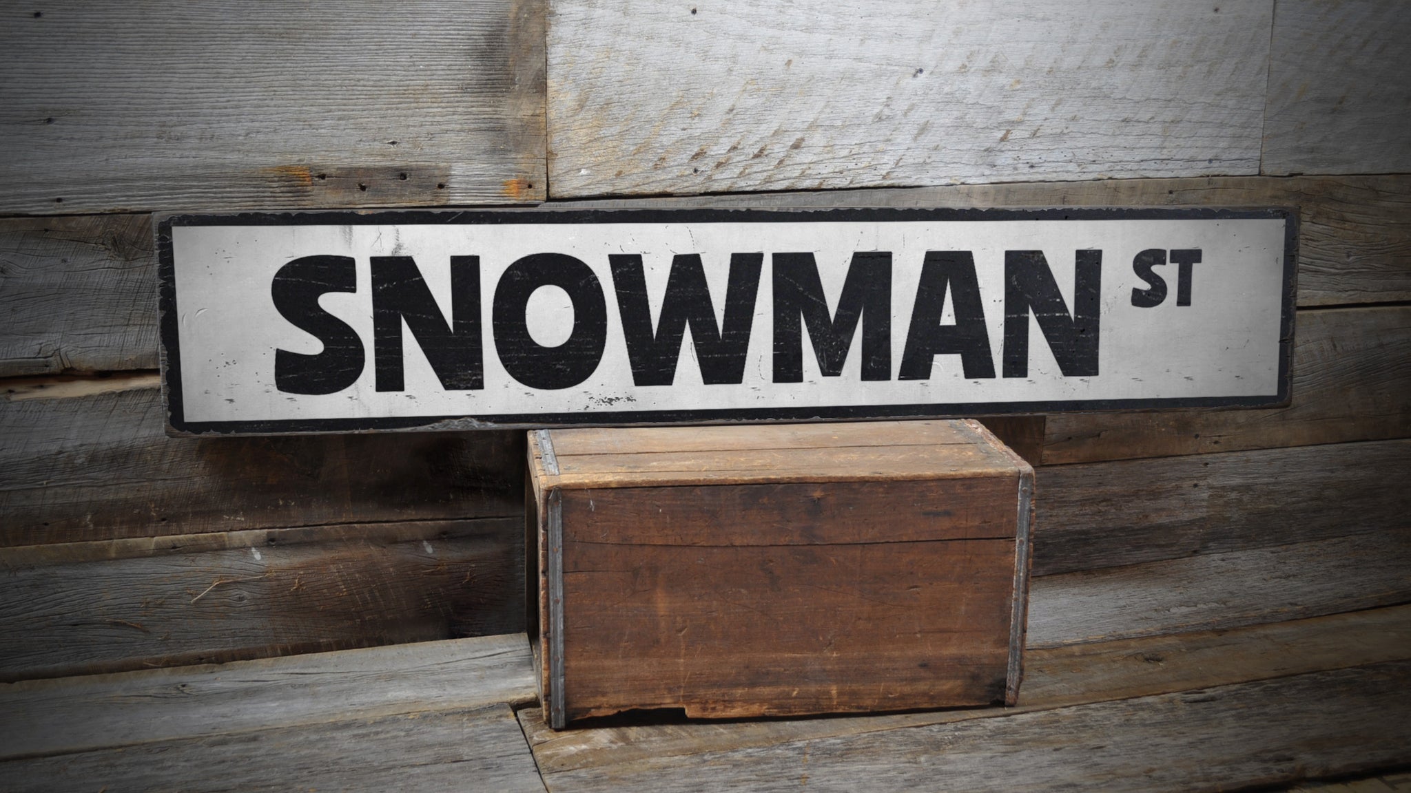 Snowman Street Christmas Rustic Wood Sign