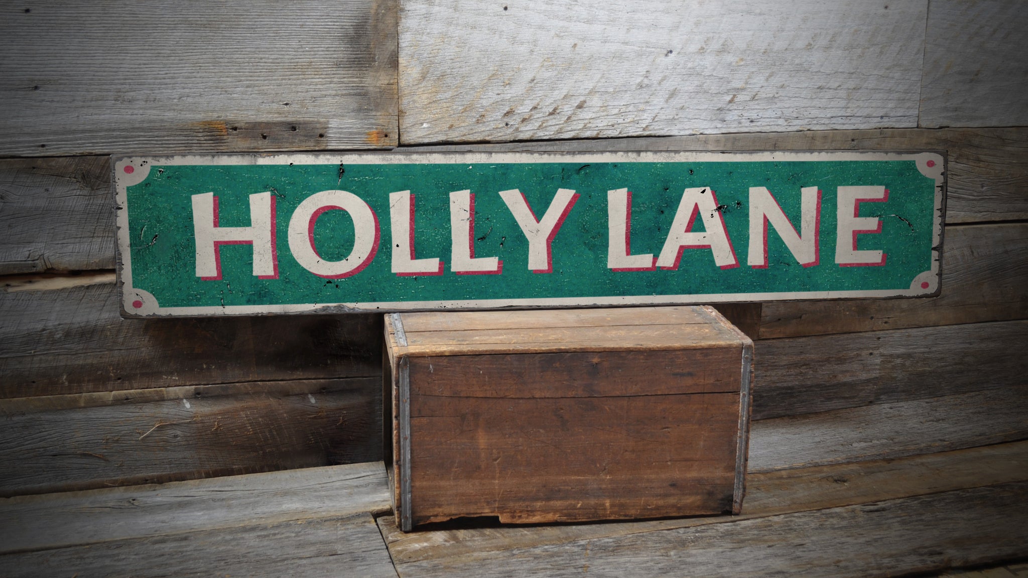 Holly Lane Yuletide Rustic Wood Sign