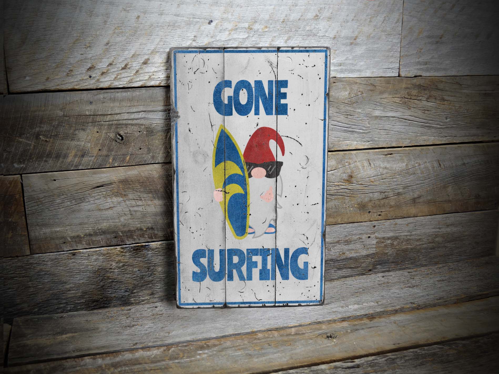 Surfing Cartoon Rustic Wood Sign