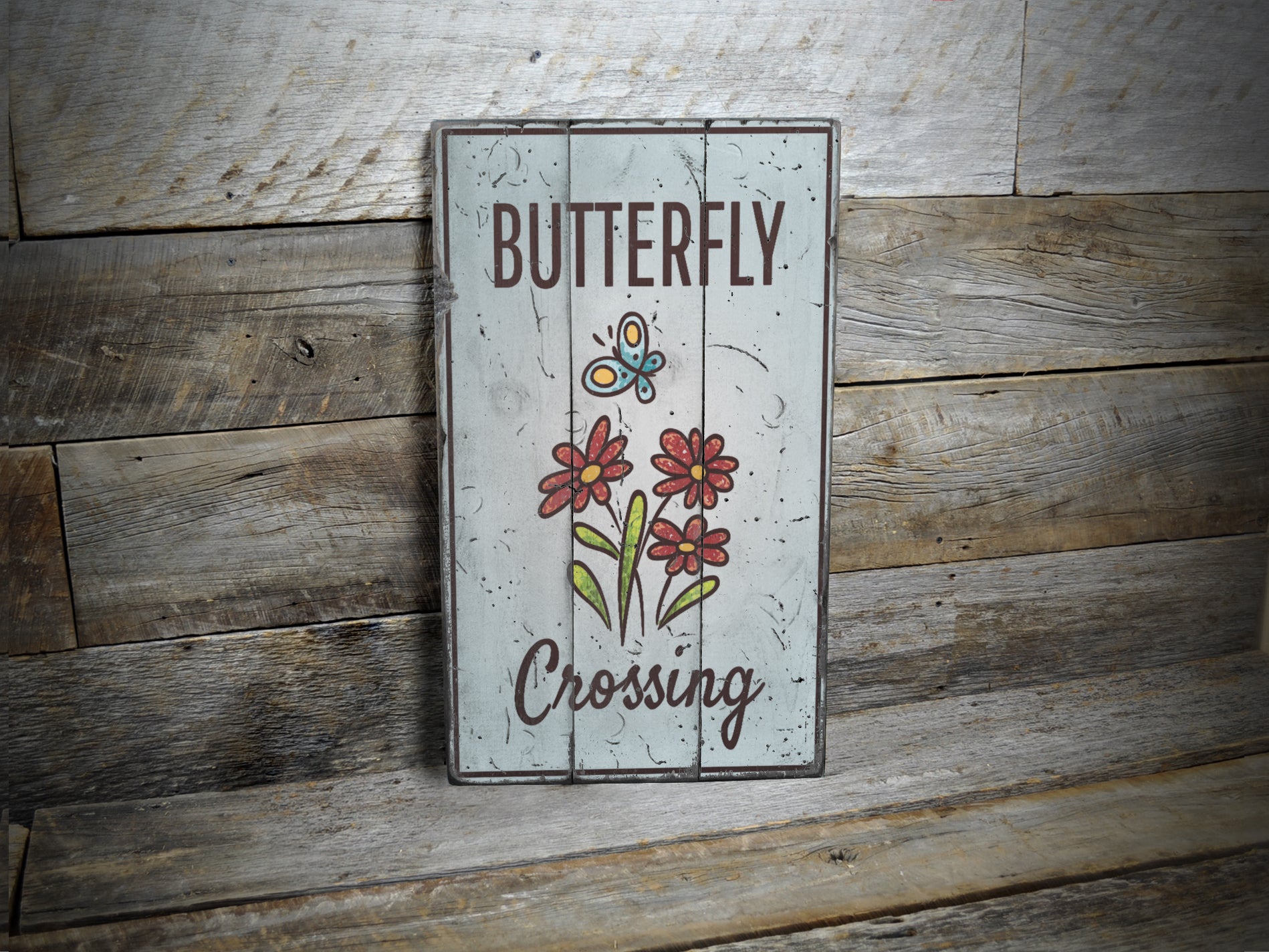 Butterfly Crossing Rustic Wood Sign