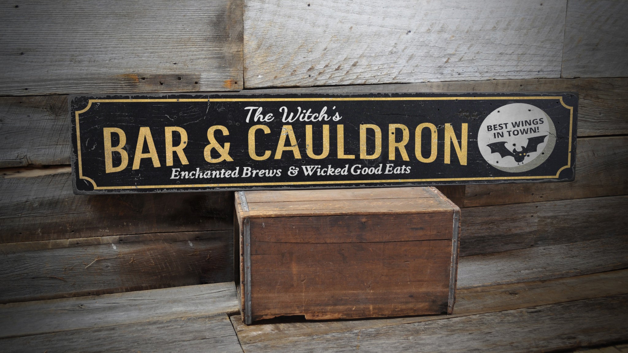 Witch's Bar and Cauldron Rustic Wood Sign