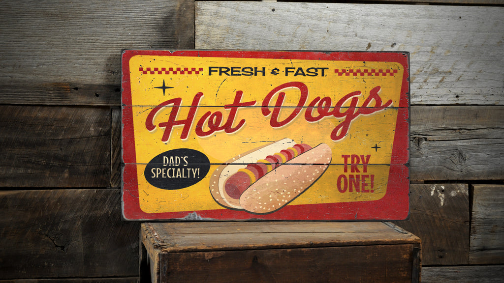 Dad's Specialty Hot Dogs Wood Sign
