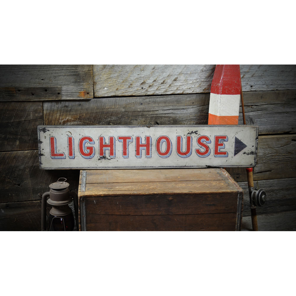 Directional Arrow Lighthouse Vintage Wood Sign