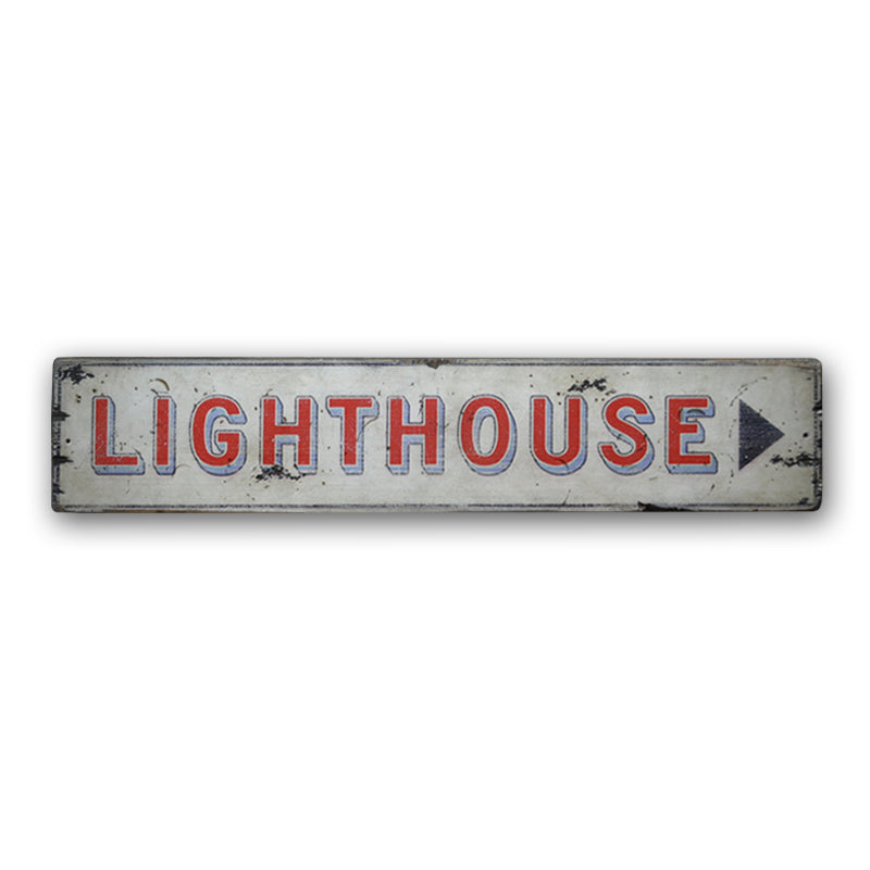 Directional Arrow Lighthouse Rustic Wood Sign