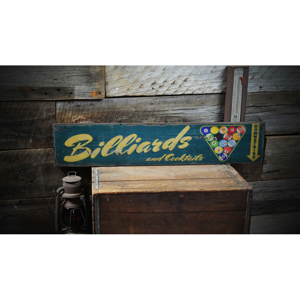 Billiards and Cocktails Downstairs Vintage Wood Sign