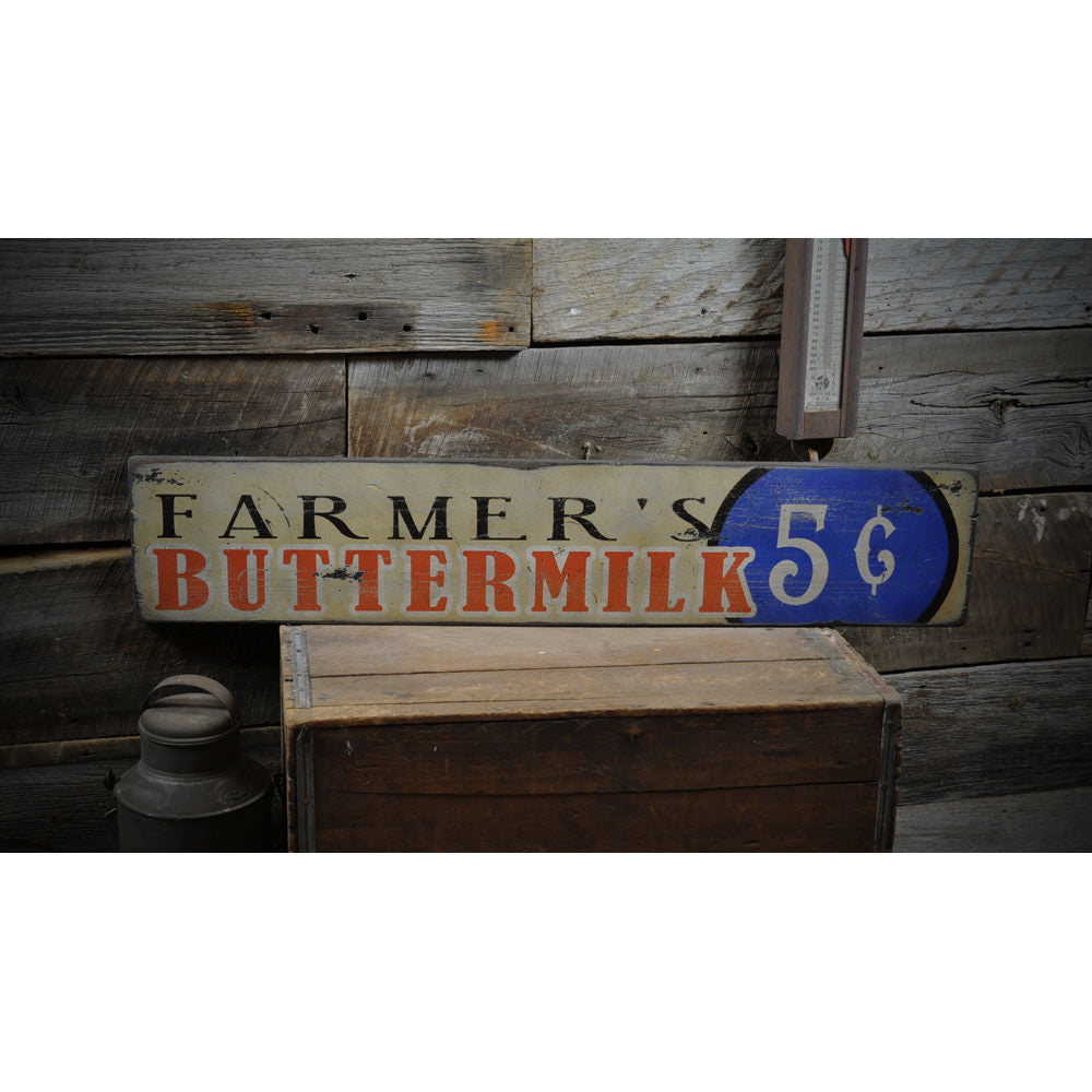 Farmer's Buttermilk Five Cents Vintage Wood Sign