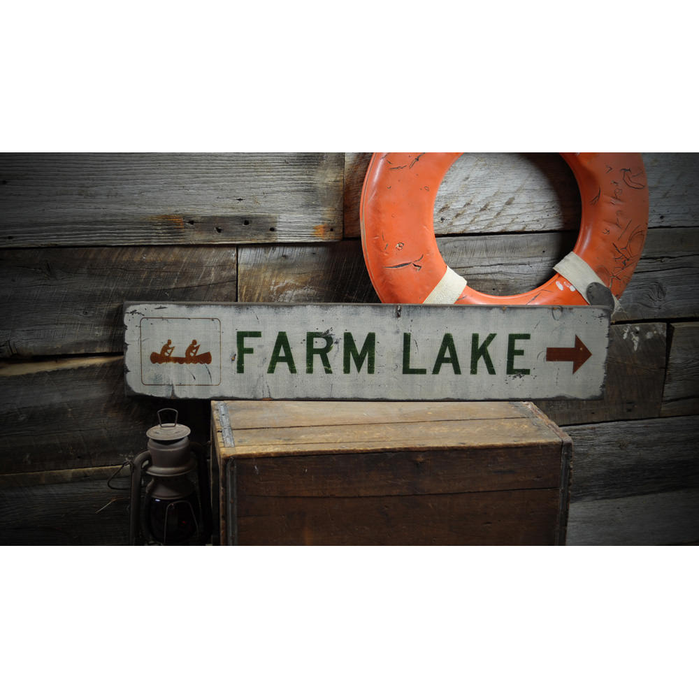 Lake w/ Canoe & Arrow Vintage Wood Sign