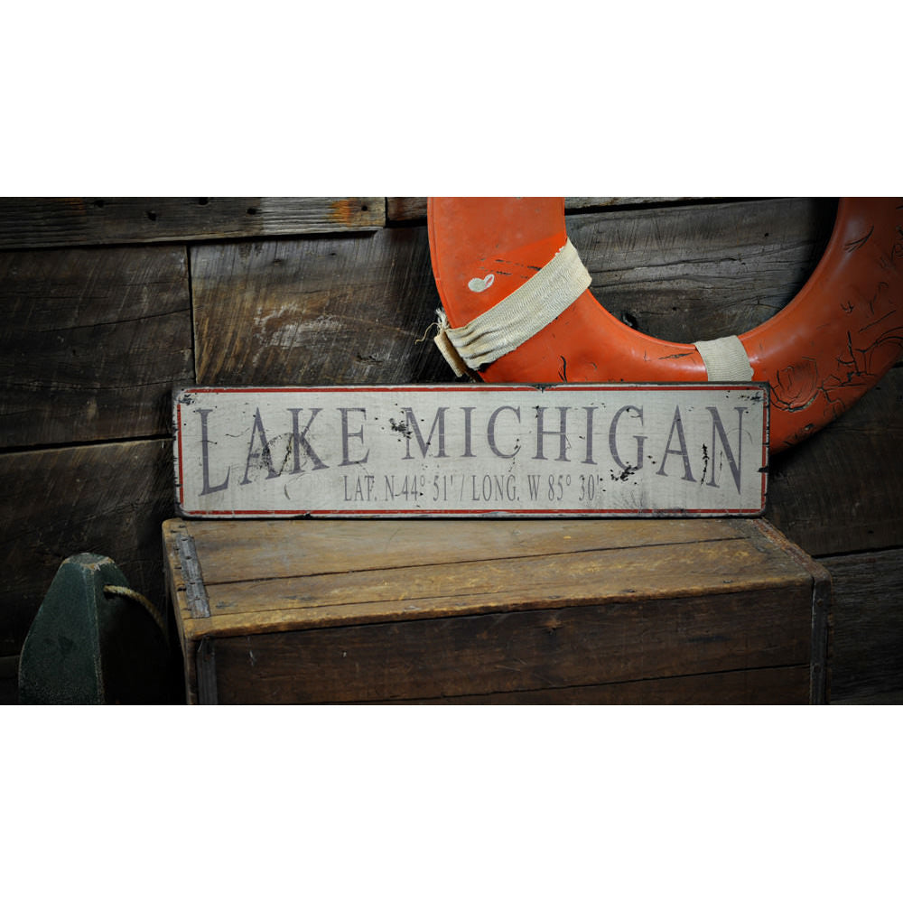 Lake Michigan Lat/Long Vintage Wood Sign