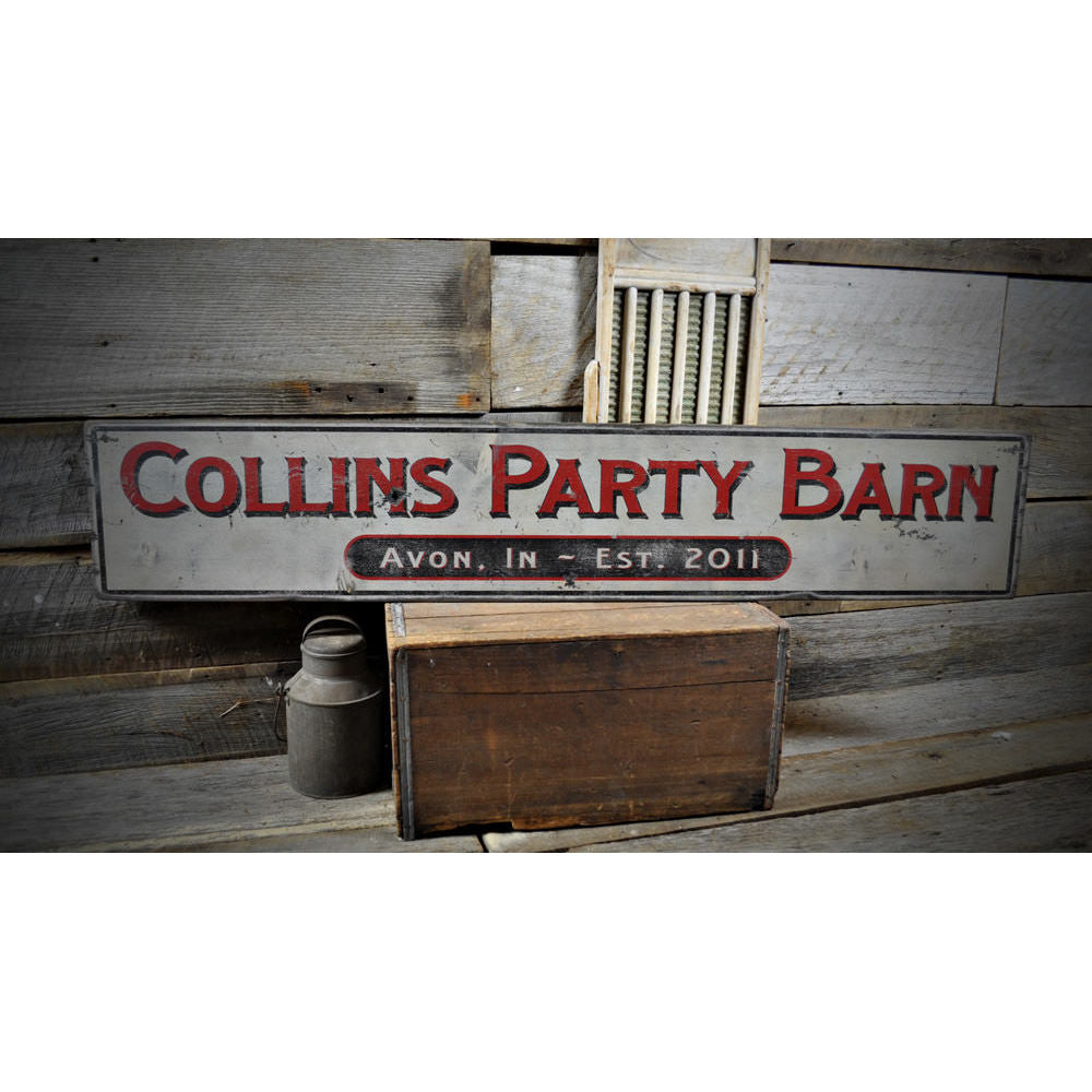 Party Barn Est. Date Vintage Wood Sign