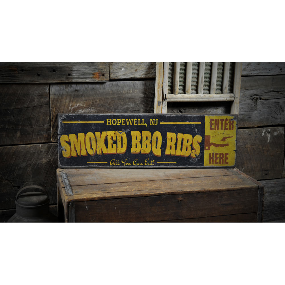 City Smoked BBQ Ribs Vintage Wood Sign