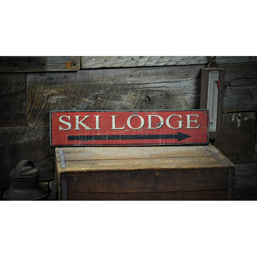 Ski Lodge This Way Arrow Vintage Wood Sign