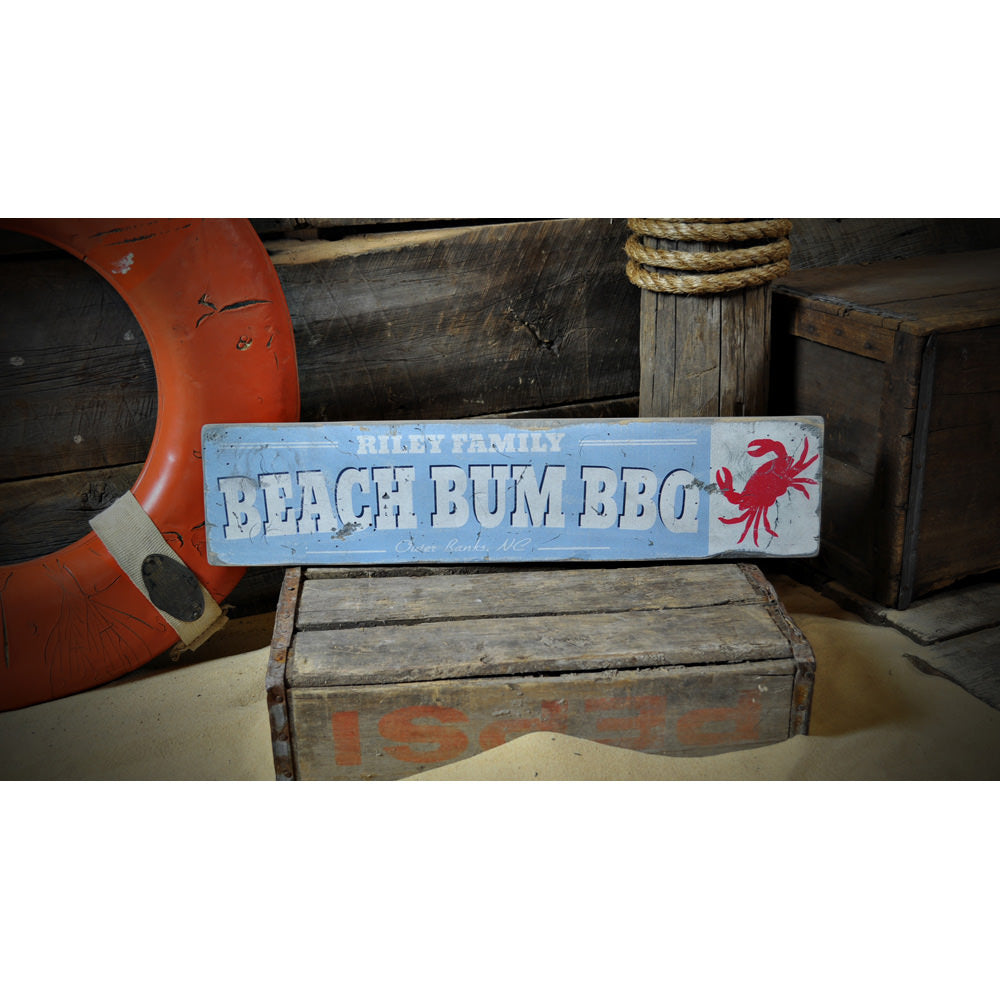 Beach Bum BBQ Crab Vintage Wood Sign