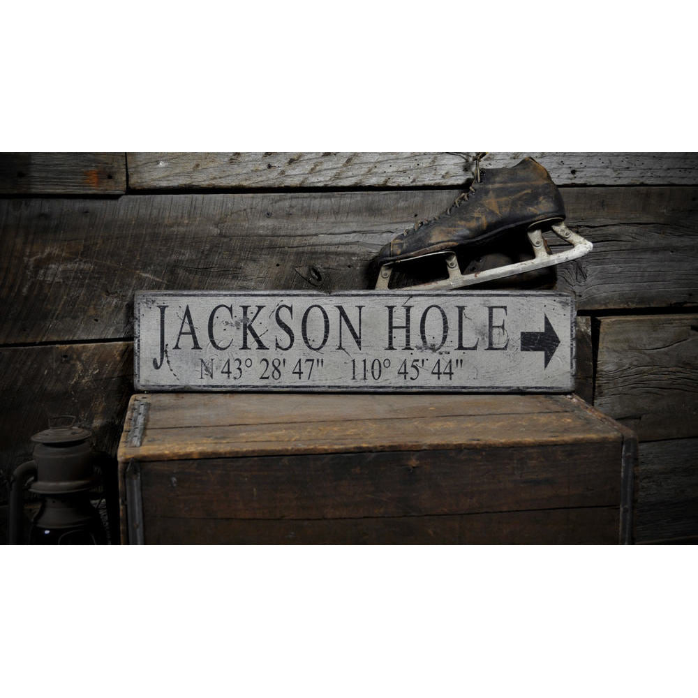 Jackson Hole Lat & Long Vintage Wood Sign
