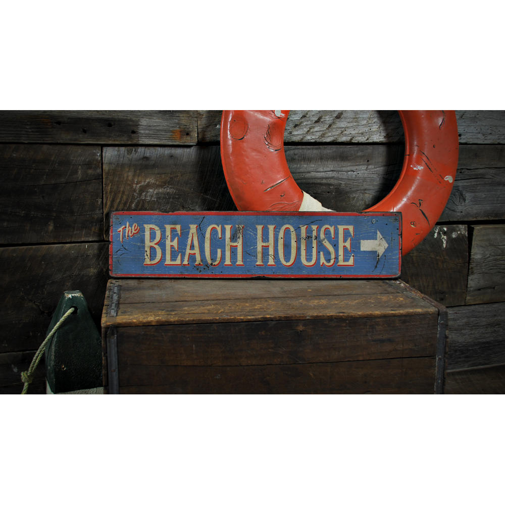 The Beach House Directional Vintage Wood Sign