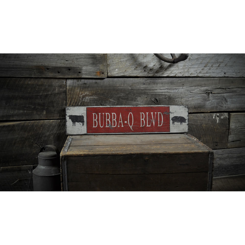 BBQ Blvd Cow & Pig Vintage Wood Sign
