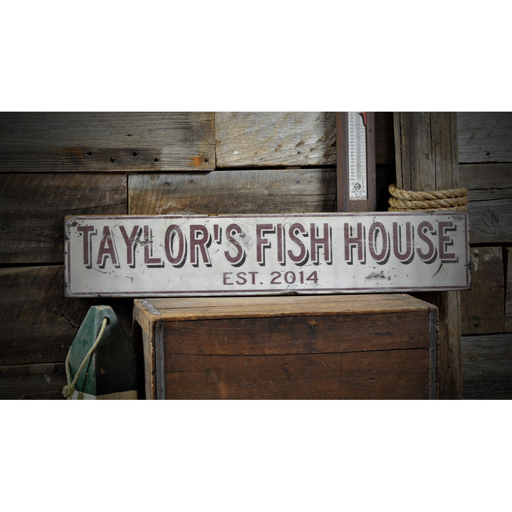 Fish House Est. Date Vintage Wood Sign