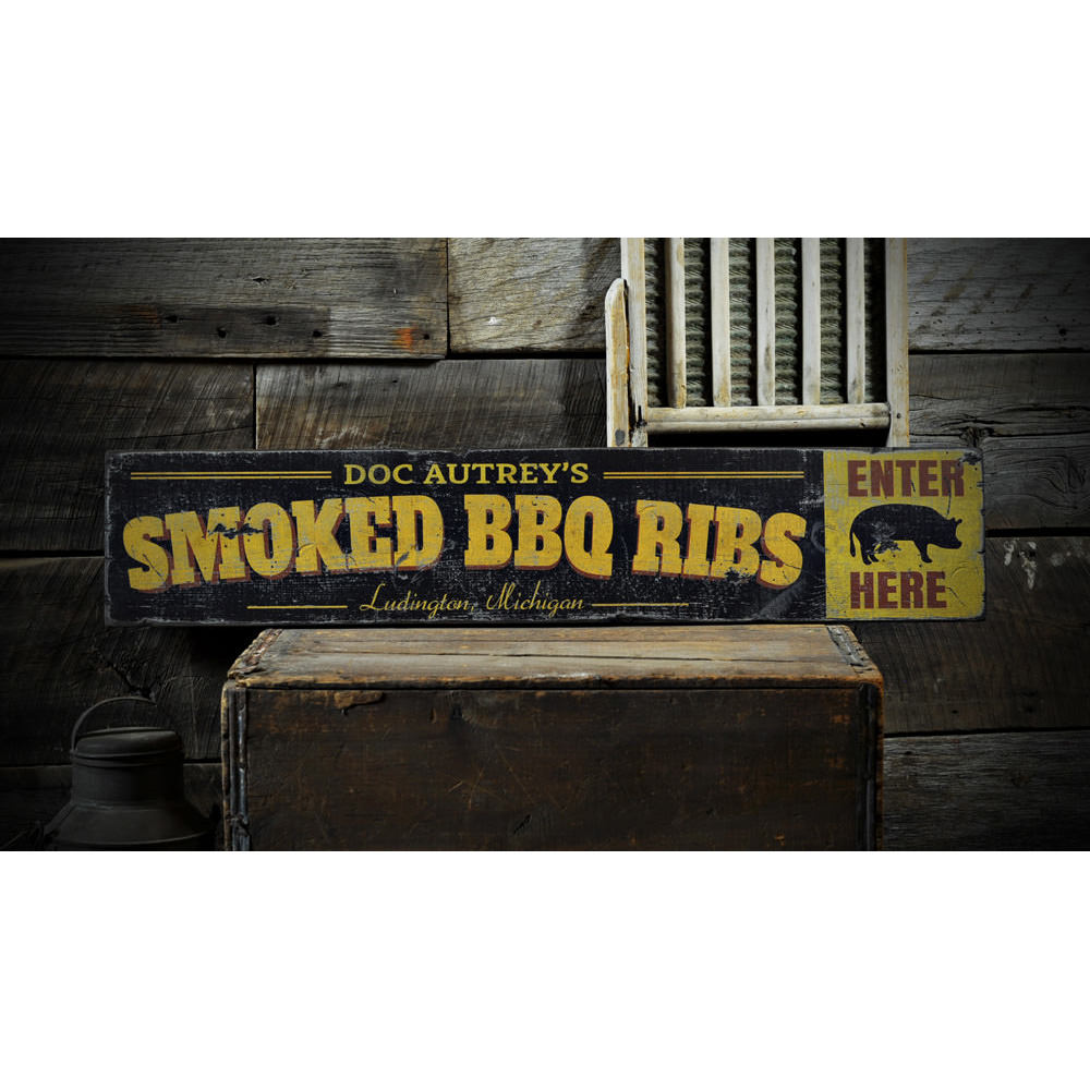 Smoked BBQ Ribs City State Vintage Wood Sign