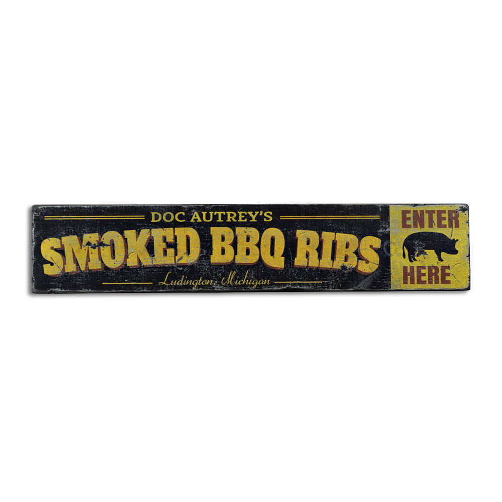 Smoked BBQ Ribs City State Vintage Wood Sign