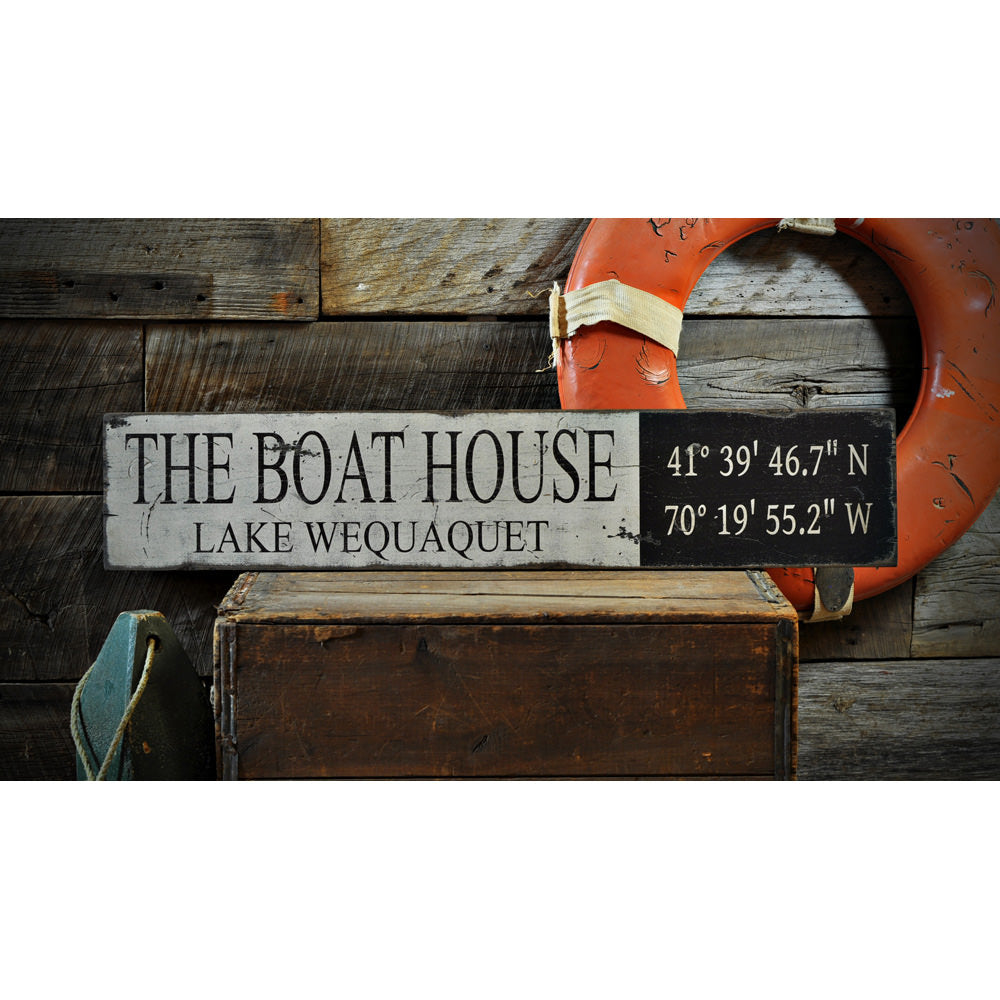 Lake Boat House Lat Long Vintage Wood Sign