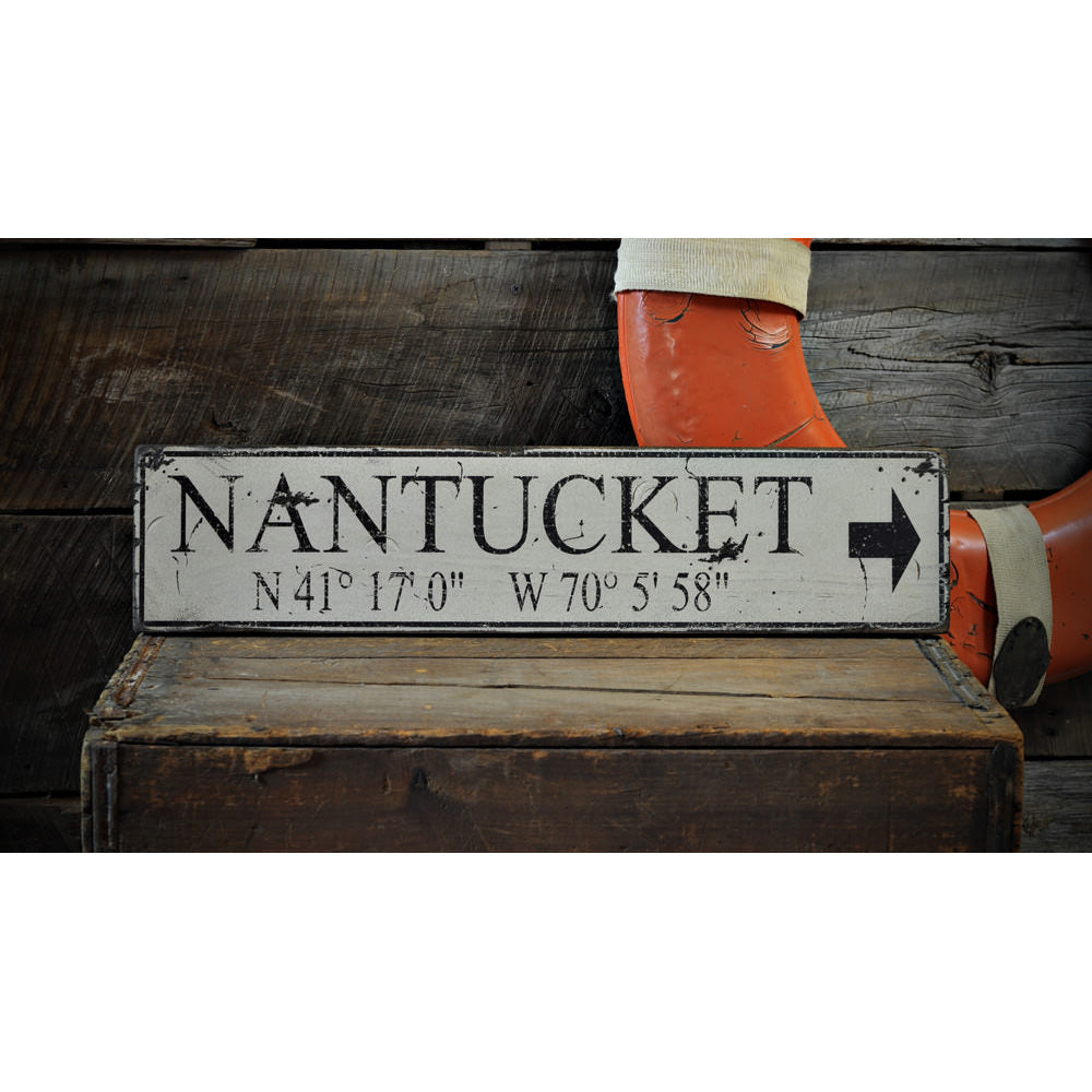 Nantucket Lat and Long Vintage Wood Sign