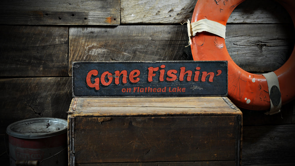 Gone Fishing Sign Black Distressed Rustic Primitive Wood Wall