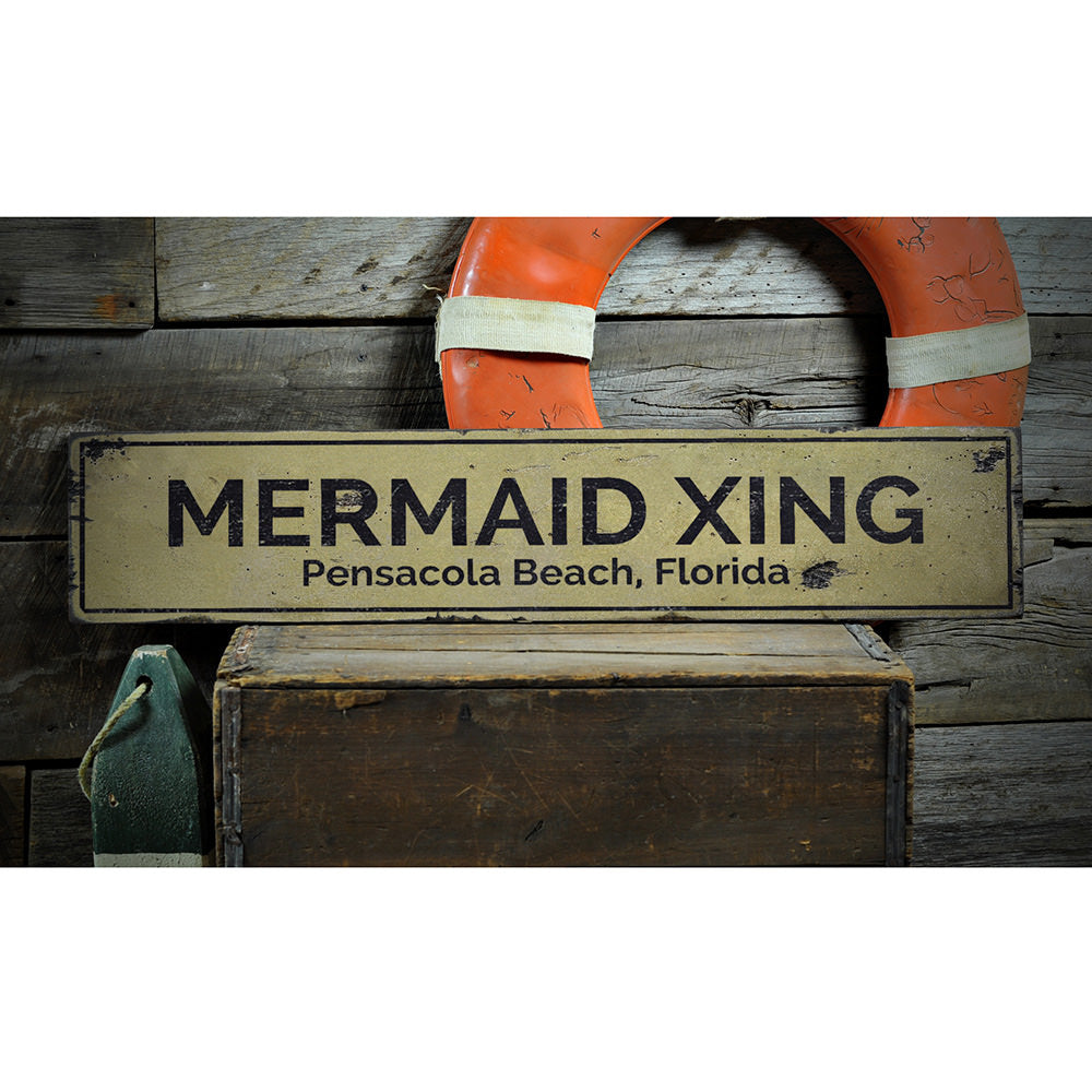 Mermaid Crossing Vintage Wood Sign