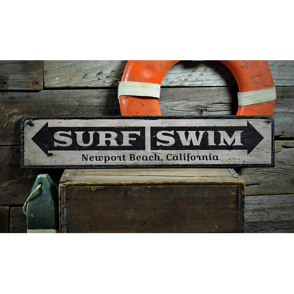 Surf Swim Arrow Vintage Wood Sign