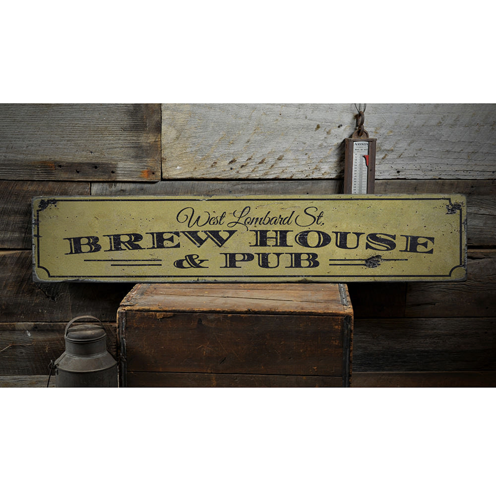 Pub & Brewhouse Address Vintage Wood Sign
