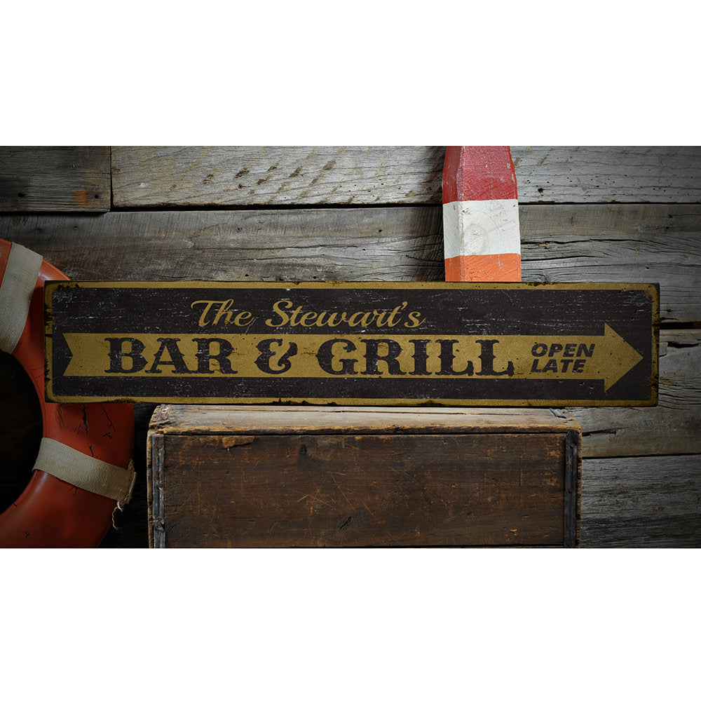 Bar & Grill Arrow Vintage Wood Sign