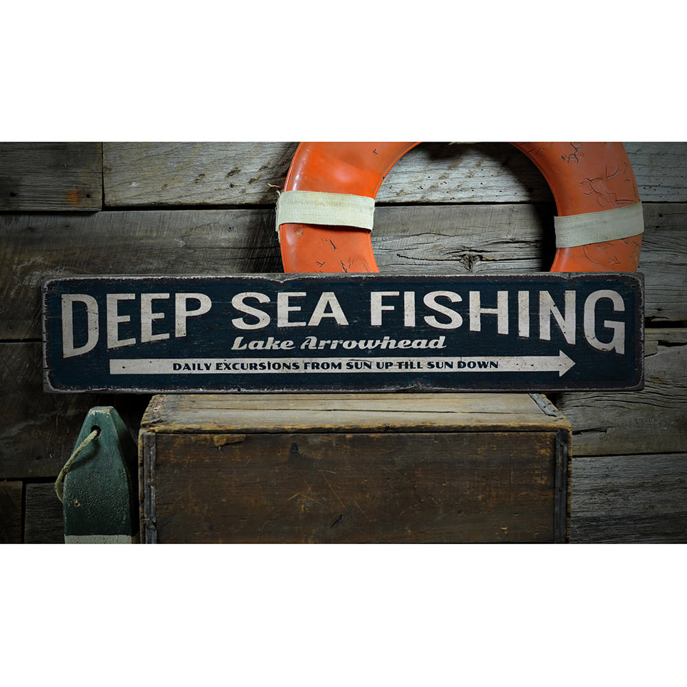 Deep Sea Fishing Arrow Vintage Wood Sign