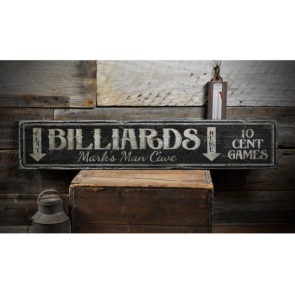 Play Billiards Here Vintage Wood Sign